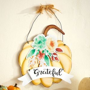 🎃 Thanksgiving Fall Tin Wall Pumpkin w Banner GRATEFUL 3d Plaque